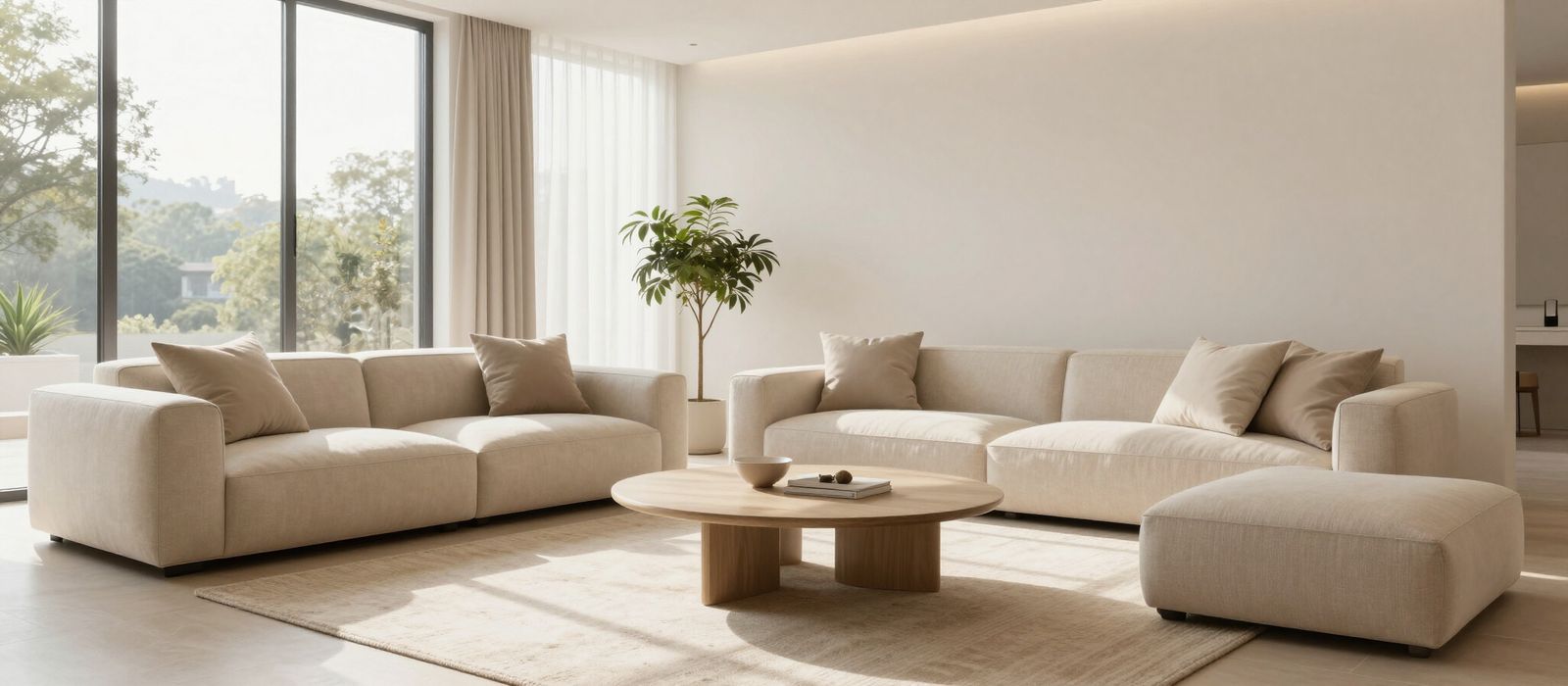 A living room with a neutral sectional sofa, wooden coffee table and large windows full of daylight.
