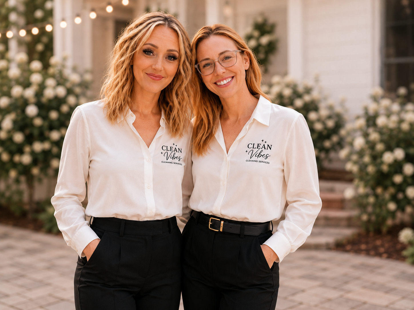 Two women in white Clean Vibes shirts smiling together outdoors in front of white flowering shrubs.