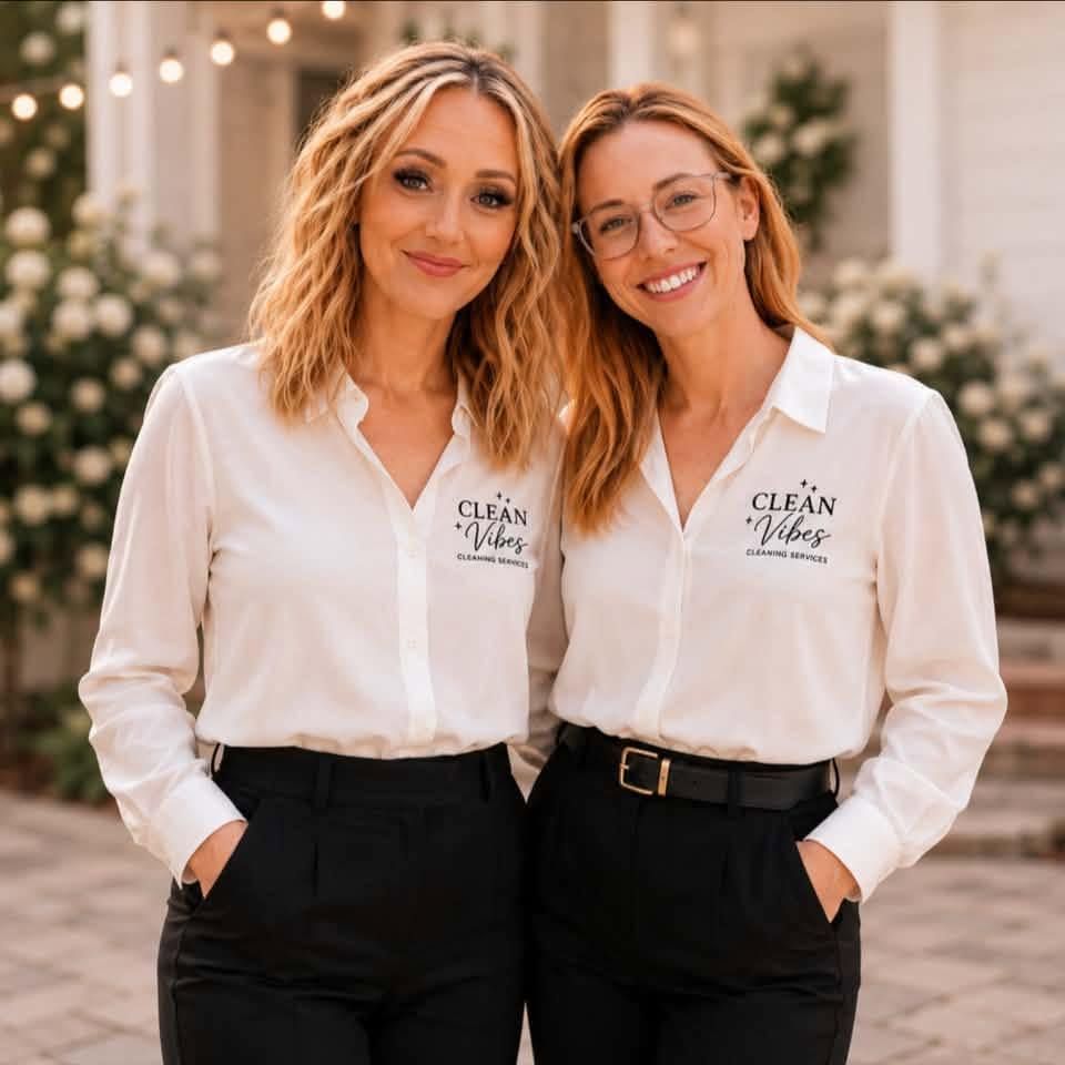 Two smiling women in white Clean Vibes shirts standing together in front of a decorated backdrop.