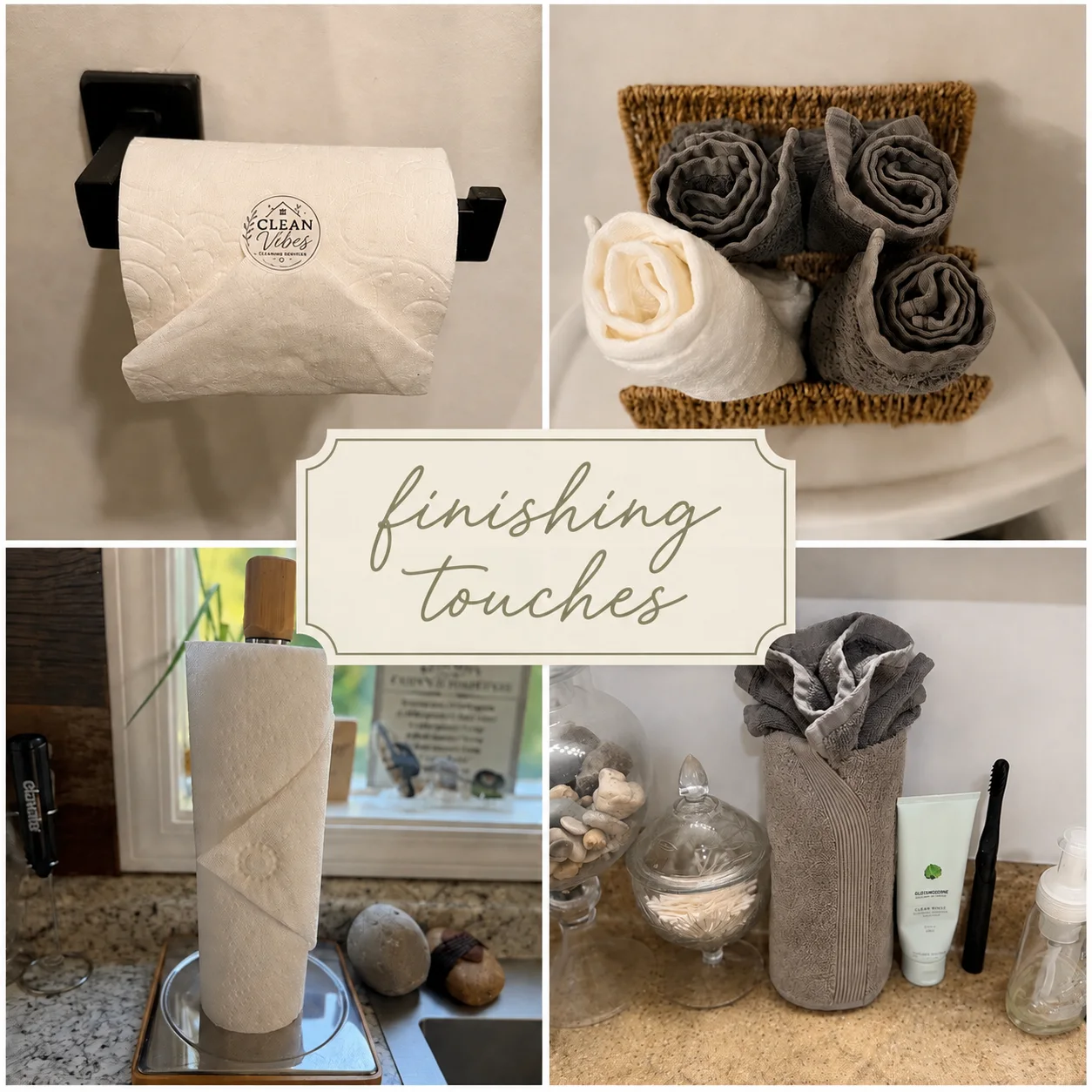 A collage of finishing touches left after a Clean Vibes clean: a branded paper towel roll, folded towels in a woven basket, and tidy bathroom essentials.